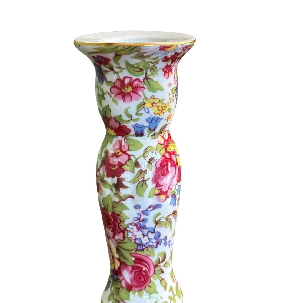 Royal Cotswolds Chintz Candlestick Holder Floral Rose Porcelain‎ Gold Rim 7 Inch